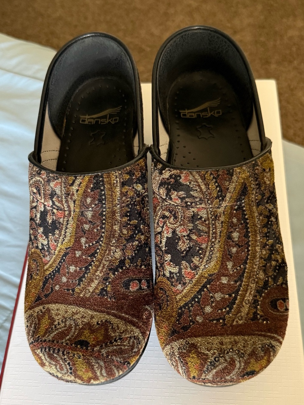 Dansko Paisley-Pattern Clogs in Brown and Gold Tones